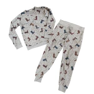 PJ Salvage Pajama Set XS Gray Cowboy Boots Shirt Lounge Pants Rope Chain